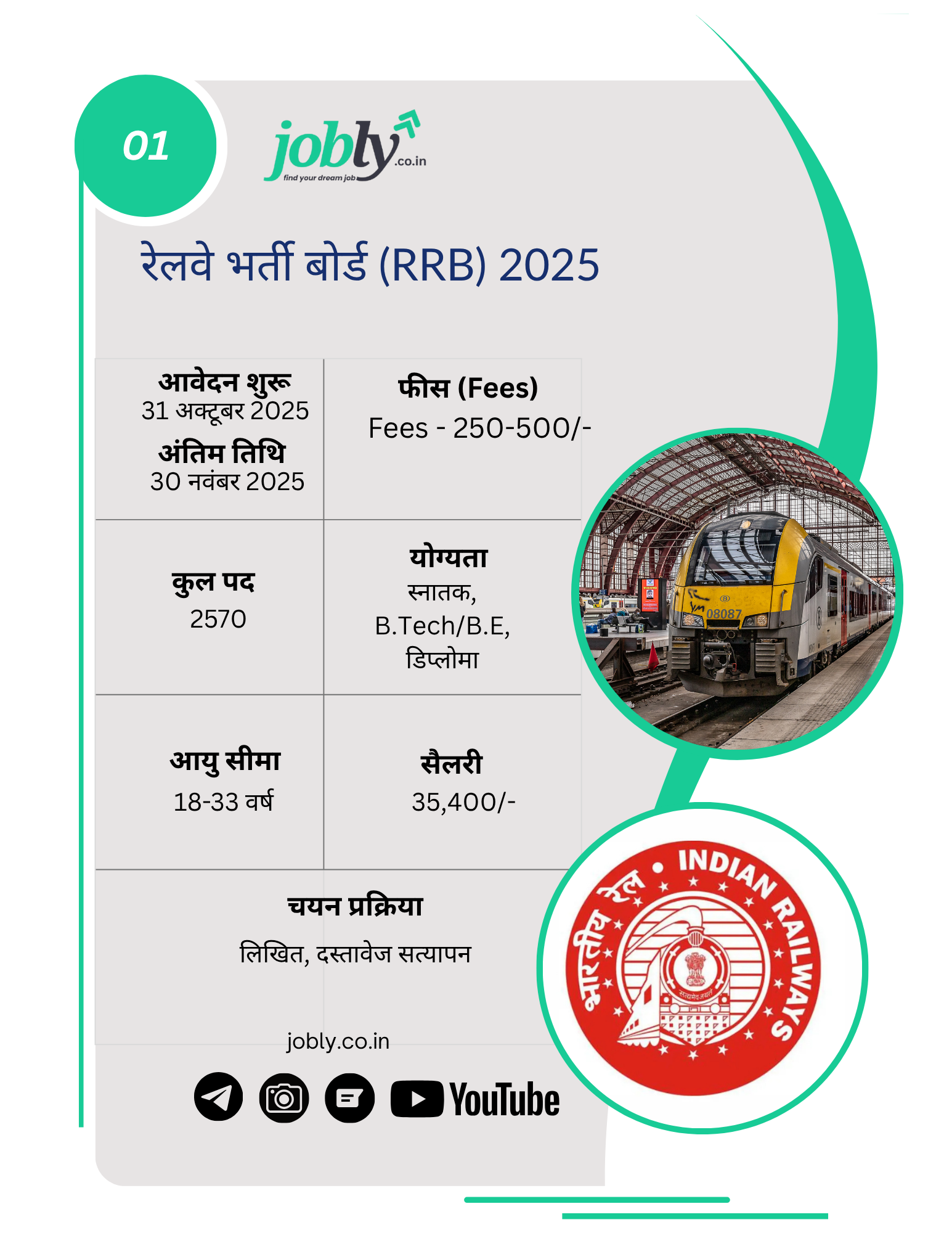 रेलवे भर्ती बोर्ड (RRB) जूनियर इंजीनियर , डिपो मटेरियल सुपरिंटेंडेंट अन्य पदों पर भर्ती 2025